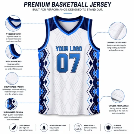 Custom white and royal blue basketball jersey - Image 3