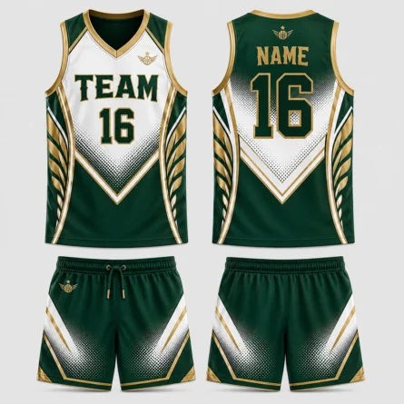 Custom Green, White & Sublimated Basketball Uniform