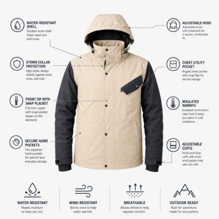 Custom Men Beige Winter Snow Jacket - Image 2