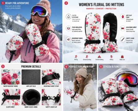 Custom Women Floral Ski Mittens - Image 4