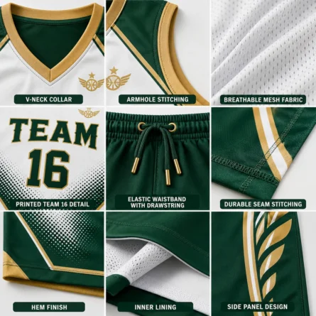Custom Green, White & Sublimated Basketball Uniform - Image 2
