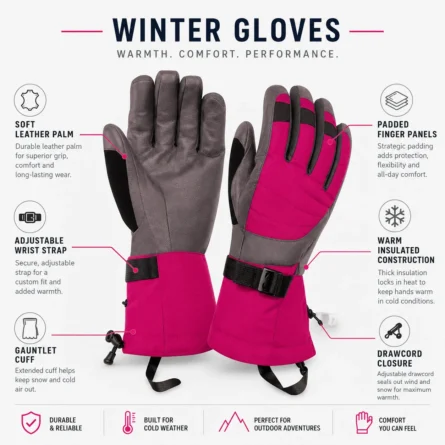 Long Gauntlet Cuff Winter Ski Leather gloves - Image 4