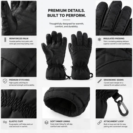Custom Long Unisex Black Water-Resistant Insulated Gloves - Image 3