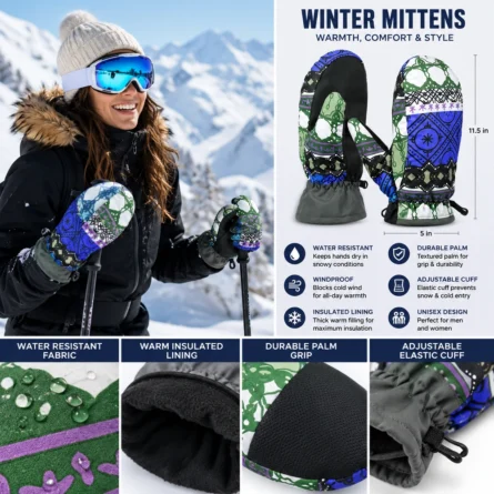 Women’s Patterned Waterproof Thermal Ski Mittens with Non-Slip Palm - Image 4