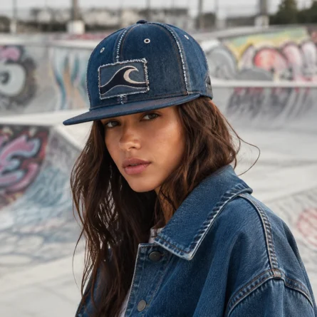 Custom Denim Flat-Brim Cap with Wave Patch