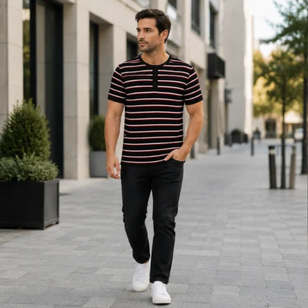 Custom Men Striped Cotton Henley T-Shirt - Image 2