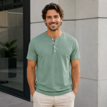 Custom Men Short-Sleeve Cotton  Henley Shirt - Image 2