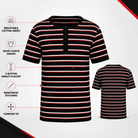 Custom Men Striped Cotton Henley T-Shirt - Image 3
