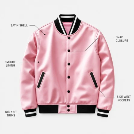 Custom Women Pink Satin Varsity Jacket - Image 3