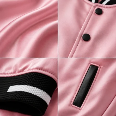 Custom Women Pink Satin Varsity Jacket - Image 2