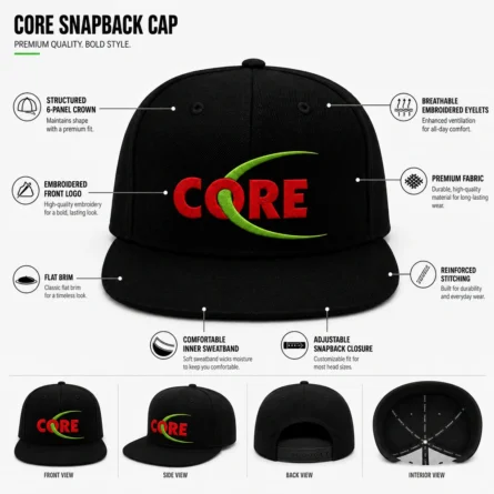 Embroidered Black Flat-Brim Snapback Cap - Image 3