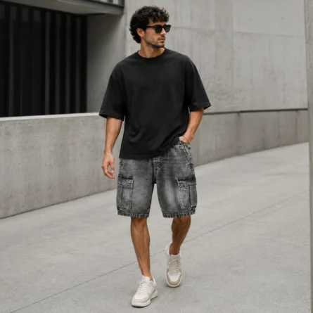Men Grey Acid-Wash Denim Cargo Shorts - Image 3
