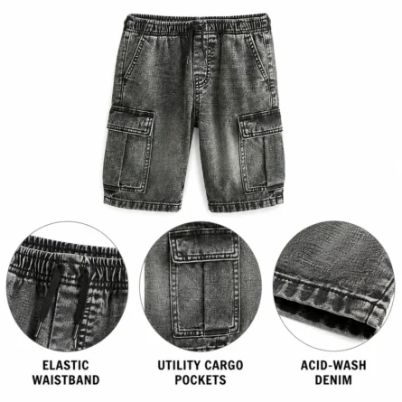 Men Grey Acid-Wash Denim Cargo Shorts - Image 2