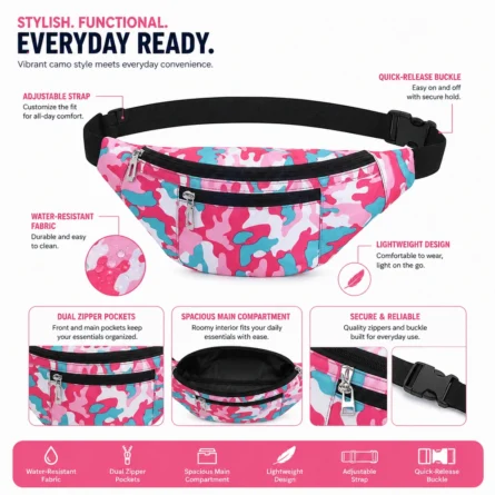 Custom Pink Camo Dual-Zipper Waist Bag - Image 3