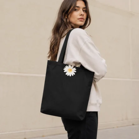 Black Daisy Print Cotton Canvas Tote Bag