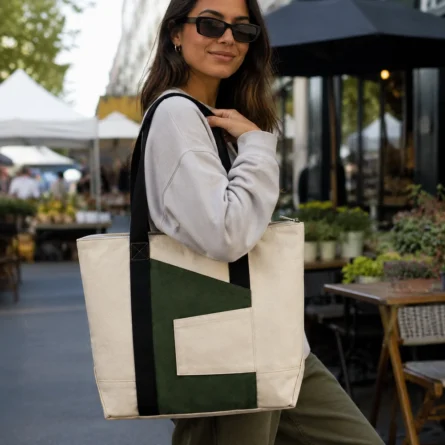 Cream & Olive Color Block Canvas Tote Bag