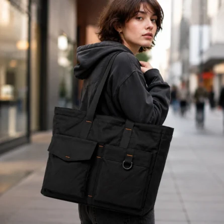 Black Canvas Tote Bag with Front Pockets