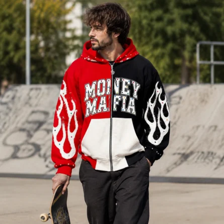 Custom Flame Graphic Zip-Up Hoodie - Image 4