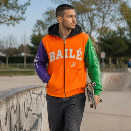 Custom Studded Color-block Zipper Hoodie - Image 4