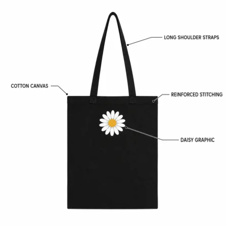 Black Daisy Print Cotton Canvas Tote Bag - Image 3