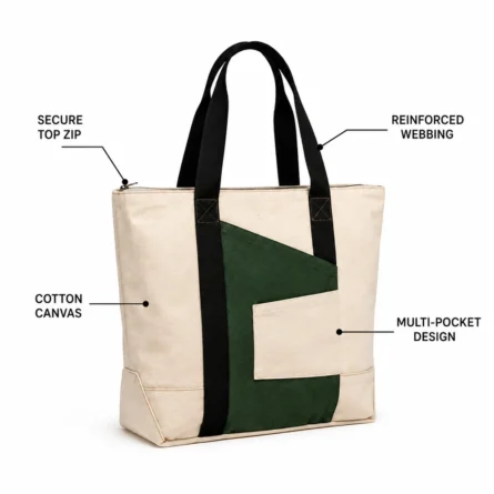 Cream & Olive Color Block Canvas Tote Bag - Image 3