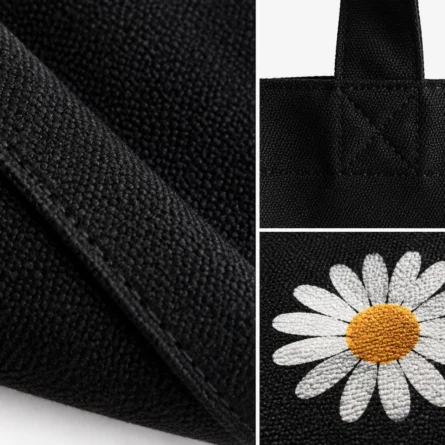 Black Daisy Print Cotton Canvas Tote Bag - Image 2