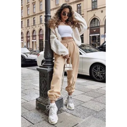 Women Beige High-Waisted Jogger Sweatpants