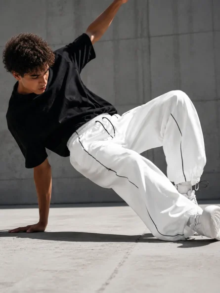 Custom Mono Flow White Contrast-Piping Parachute Pants - Image 3
