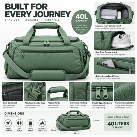 Custom Green Multi-Pocket  Duffel Bag - Image 3