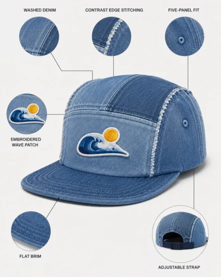 Custom Wave Blue Denim 5-Panel Fashion Cap - Image 2