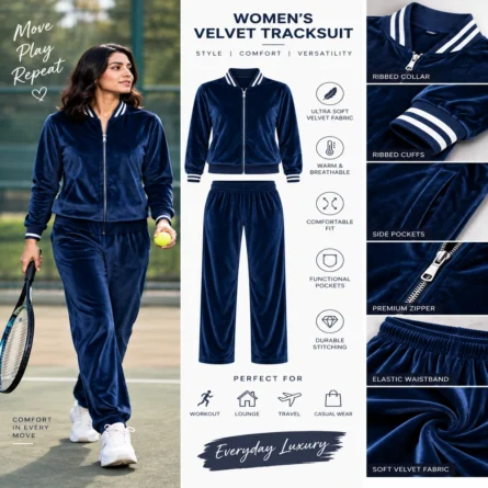 Custom Women Navy Blue Velour Tracksuit - Image 2