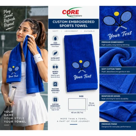 Custom Embroidered Blue Tennis Towel - Image 2