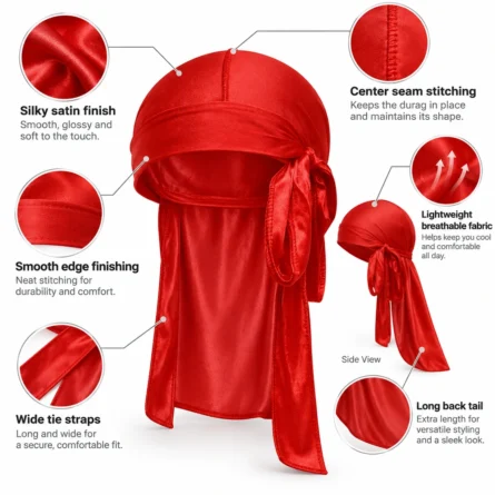 Custom Red Silky Satin Durag Long Tail - Image 2